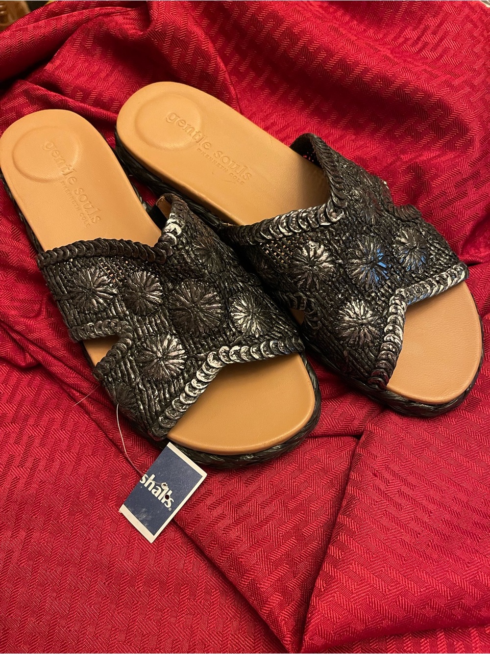 gentle souls Black Woven Slide Sandals with Tan Footbed